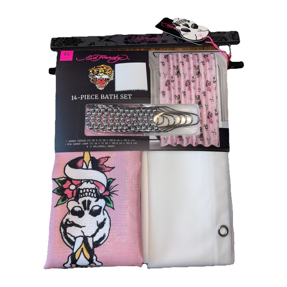 Ed Hardy Pink Skull Shower Curtain Liner Set Pink Tattoo Flash Art 14 pc Set NEW